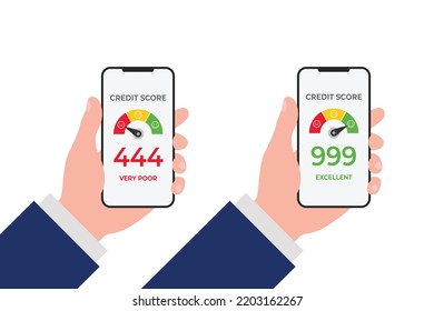 Vector of Hands holding smartphone with credit score app on the screen in flat style with different level bad and good isolated on white background