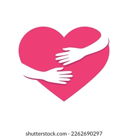 Vector hands hugging a red heart. Isolated on white background.