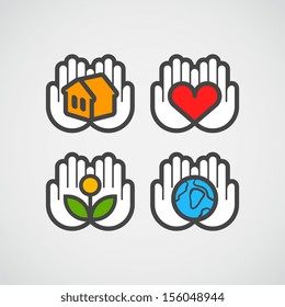 Vector hands icons with ecology, isolated pixel art vector illustration. Design for web, stickers, logo and mobile app.