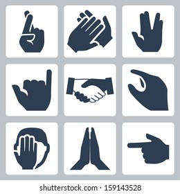 Vector hands icons set: cross fingers, applause, vulcan salute, shaka, handshake, size, facepalm, namaste, pointer