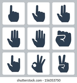 Vector hands icons set: finger counting, stop gesture, fist, devil horns gesture, okay gesture, v sign