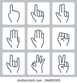 Vector hands icons set: finger counting, stop gesture, fist, devil horns gesture, okay gesture, v sign