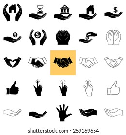 Vector hands  icons, set: Handshake; Hand click; Heart shape made with hands; Helping hand silhouette; Receiving money; Hands holding money, home, bank, hourglass.