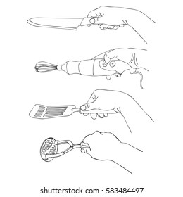 vector hands with kitchen utensil, turner, potato masher, knife and electrical whisk, line drawing isolated symbols at white background
