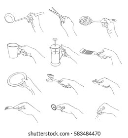 vector hands with kitchen utensils, line drawing isolated symbols at white background