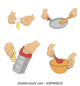vector hands with kitchen utensils, line drawing isolated symbols at white background