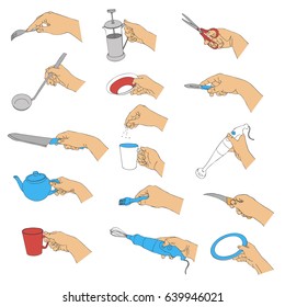 vector hands with kitchen utensils, line drawing isolated symbols at white background