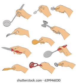 vector hands with kitchen utensils, line drawing isolated symbols at white background