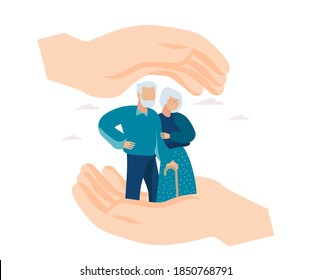 Vector of hands making a protection gesture with elderly man and woman between 