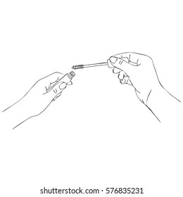 vector hands with mascara tube, line drawing make-up isolated symbol at white background