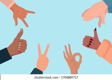 Vector of hands of multicultural people clapping,  giving thumbs up, showing ok, victory and peace gestures on blue background 