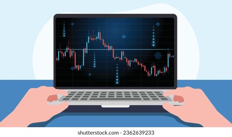 vector of hands on laptop computer with statistical or analytical information and practical stock charts