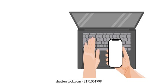 El vector pone las manos en el teclado del portátil y mantiene el teléfono. La persona está buscando información en Internet. Workplace, trabaja a distancia, entrenamiento en línea, compras en línea. Ilustración en un trasero blanco