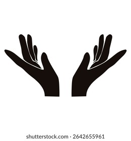 Vector hands with palms open isolated transparent background. Simple black silhouette of palms up.