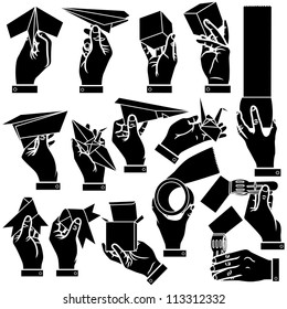Vector hands, paper airplane & japanese paper crane silhouettes set