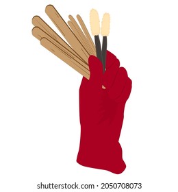 Vector hands in protective red rubber gloves perform beauty procedure with wooden sticks and eyebrow and eyelash brushes on a white background