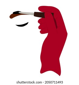 Las manos vectoras con guantes de goma roja protectores realizan un procedimiento de belleza con cepillo de ceja con cejas y pestañas sobre fondo blanco