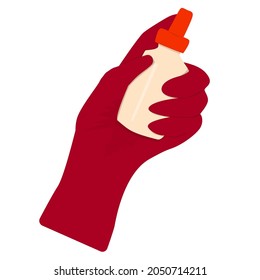 Vector hands in protective red rubber gloves perform beauty procedure with bottle of cream or oil on a white background