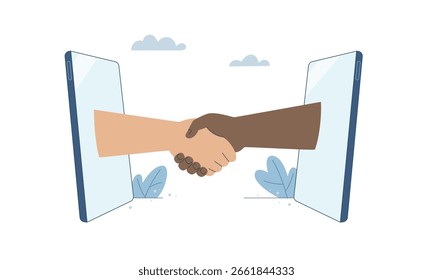 Vector de manos extendiéndose desde teléfonos inteligentes y estrechando manos. Símbolo de cooperación empresarial, asociación en línea y amistad en las redes sociales. Ilustración plana sobre comunicación digital.
