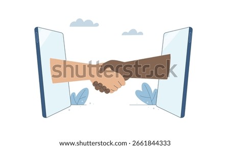 Vector of hands reaching out from smartphones and shaking hands. Symbol of business cooperation, online partnership, and social media friendship. Flat illustration on digital communication.
