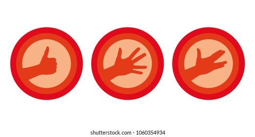 Vector hands in red circle doing different gestures. Isolated on white background