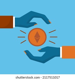Vector hands save digital currency such bitcoin money, virtual finance economy, new payment banking concept blue background