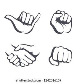 Vector hands set. Different gestures: hang loose, handshake, fist. 