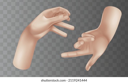 Vector Hands conjunto de diseño 3d realista en estilo de dibujos animados. La mano muestra diferentes señales de gestos. Colección aislada en el fondo blanco. Ilustración del vector