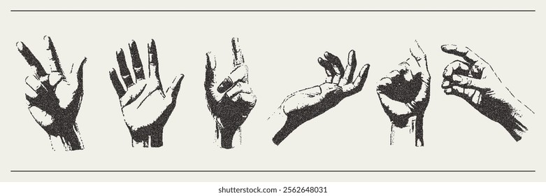 Vector hands set with trendy retro photocopy grain effect. Modern stipple dots texture for design art.