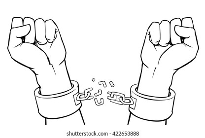 Vector hands in shackles with broken chain