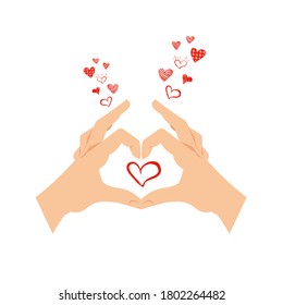 Vector hands showing a loving heart sign, illustration template with doodle hearts, love concept, friendly gesture, gesturing icon.