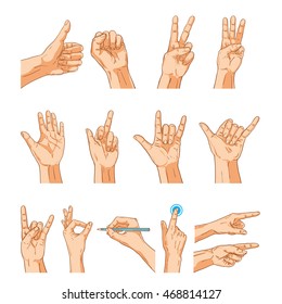 Vector hands sign gesture set. Collection of human hands isolated on white