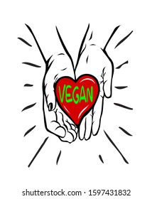 Vector hands silhouette line art drawing illustration with red heart symbol and rays isolated on white background.I love you.Design for t shirt print.Greeting card for Valentine's day.Vegan sticker.