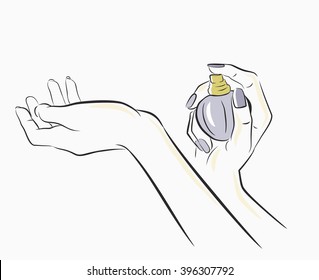 vector hands spraying perfume on white background