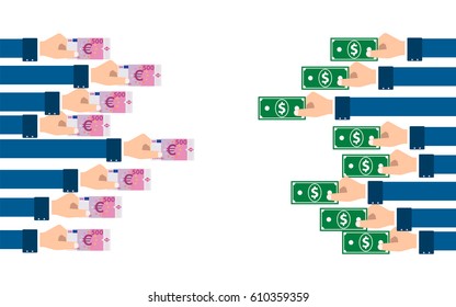 vector hands in suits exchanging money dollars and euros