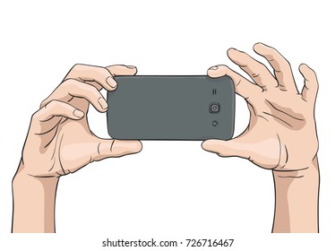 Vector hands taking photo with smartphone, Illustration in colored sketch style isolated on white background