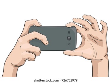 Manos vectoras tomando fotos con smartphone, Ilustración en el estilo de dibujo de color aislado en fondo blanco