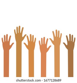 Vector up hands, teamwork design over. Colorful up hands. Partners company friendship in flat style isolated on white
