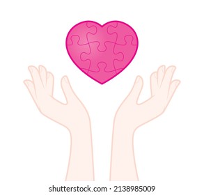 Vector hands trying to catch a heart composed of puzzles. Isolated on white background