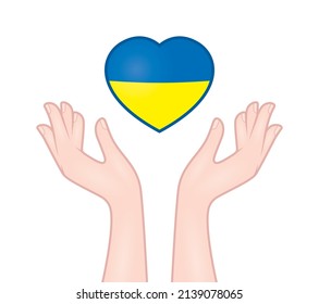 Vector hands trying to catch a heart composed of flag of Ukraine. Isolated on white background
