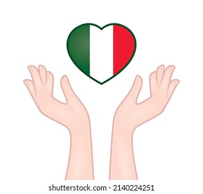 Vector hands trying to catch a heart composed of Italian flag. Isolated on white background