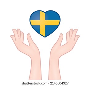 Vector hands trying to catch a heart composed Swedish flag. Isolated on white background