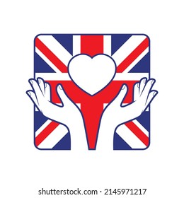 Vector hands trying to catch a heart composed of flag of England. Charity. Isolated on white background