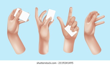 Vector Hands con un juego de papel blanco de diseño 3d realista en estilo de dibujos animados. La mano muestra diferentes señales de gestos. Colección aislada de fondo azul. Ilustración del vector