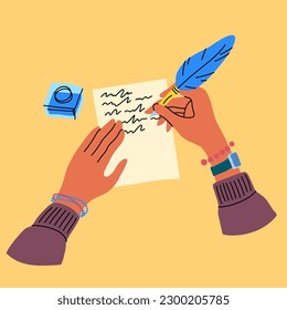 Vector hands writing a letter with a feather pen on paper with a bottle of ink on plain background illustration. Hands in sweater with bracelets and watch write a note by blue feather inkpen