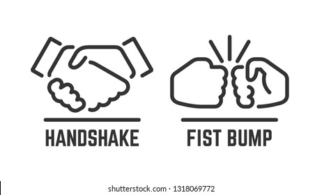 Vector handshake and fist bump outline icon with agreement or partnership line pictogram.