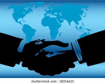 Vector of handshake in front of world map background in blue