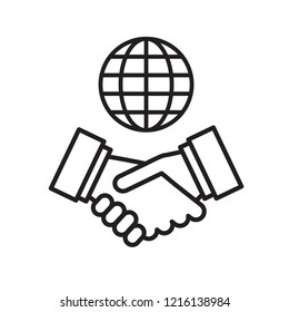 Vector handshake and globe icon. International partnership. International business concept. 