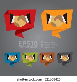 Vector : Handshake, Hand Holding Paper Origami Speech Bubble or Speech Balloon Infographics Sticker, Label, Sign or Icon 