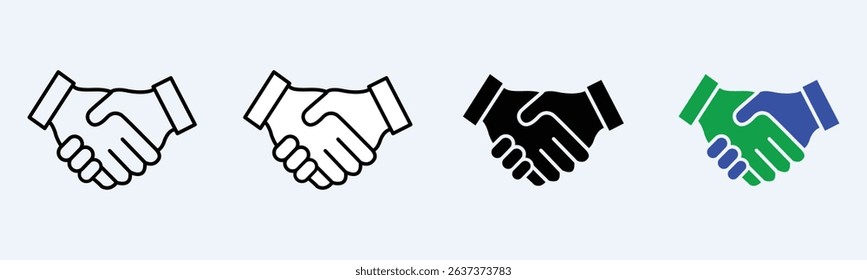 Vector handshake icon set isolated on white background, various styles for business agreement, partnership, and collaboration concepts including outline, solid black, and dual-tone illustrations.